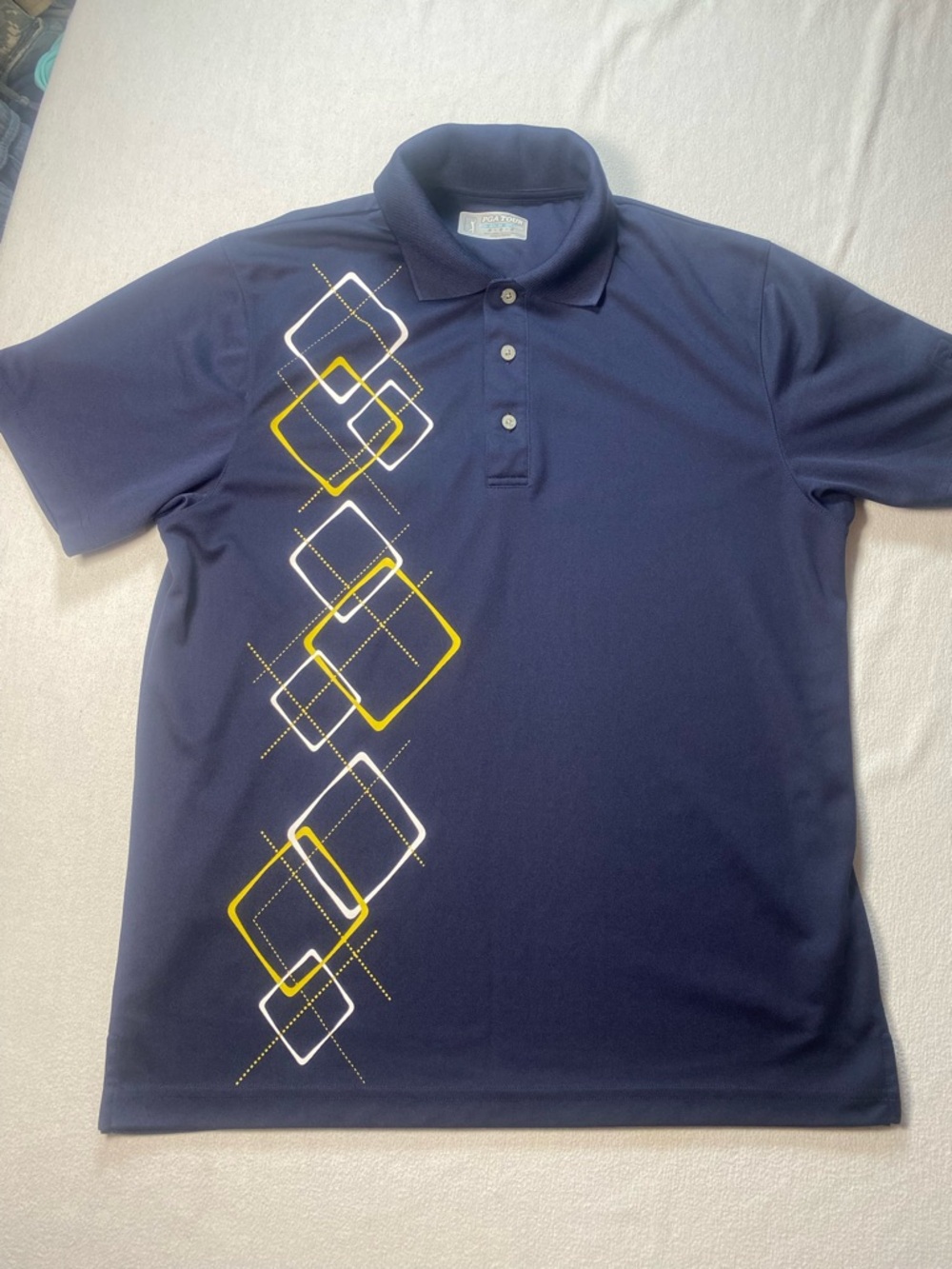 PGA Tour Navy Polo with Yellow & White Geometric Squares